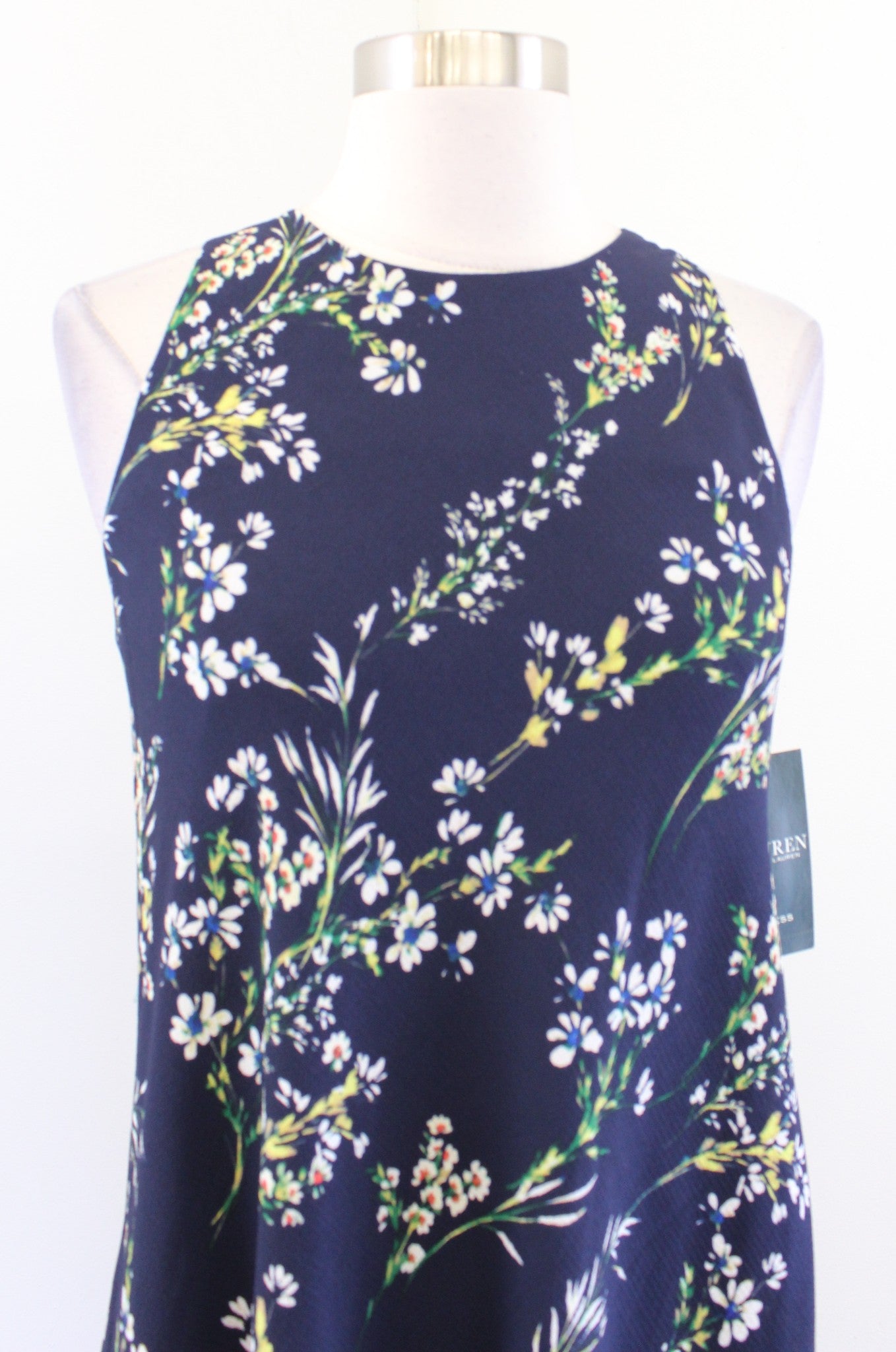 NWT $125 Lauren Ralph Lauren Navy Blue Floral Sleeveless Shift Swing Dress Sz 0