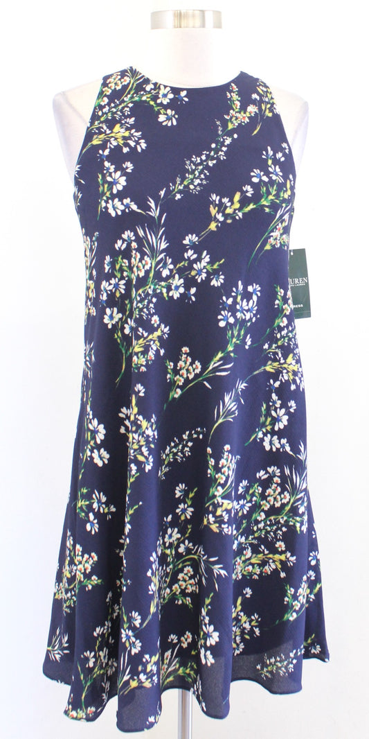 NWT $125 Lauren Ralph Lauren Navy Blue Floral Sleeveless Shift Swing Dress Sz 0