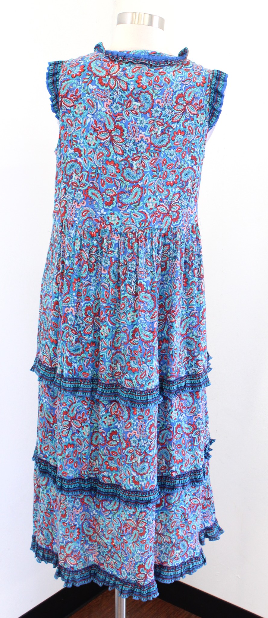 J Jill Coastal Ruffles Blue Paisley Print Tiered Midi Maxi Dress Size PS SP Red