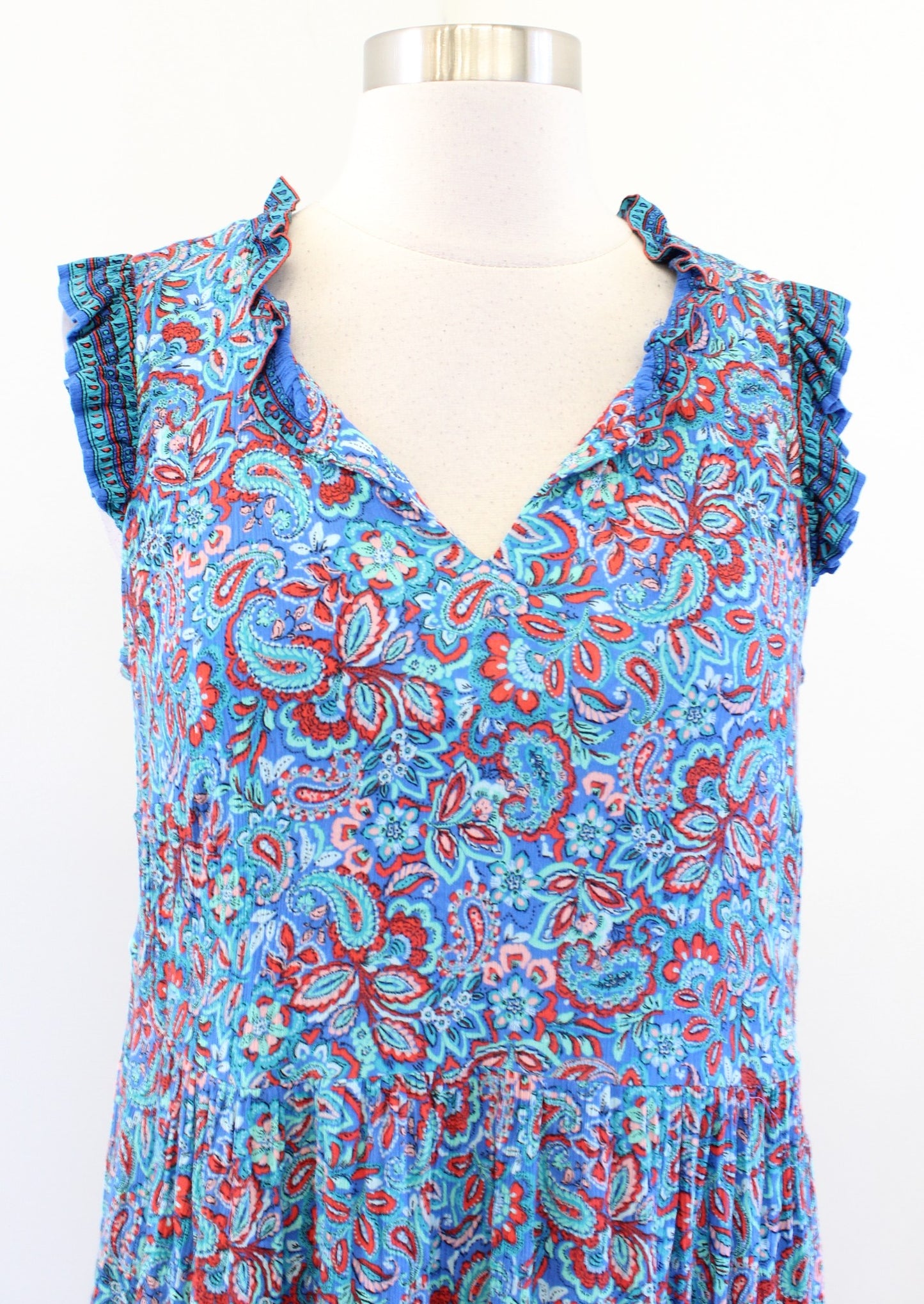 J Jill Coastal Ruffles Blue Paisley Print Tiered Midi Maxi Dress Size PS SP Red