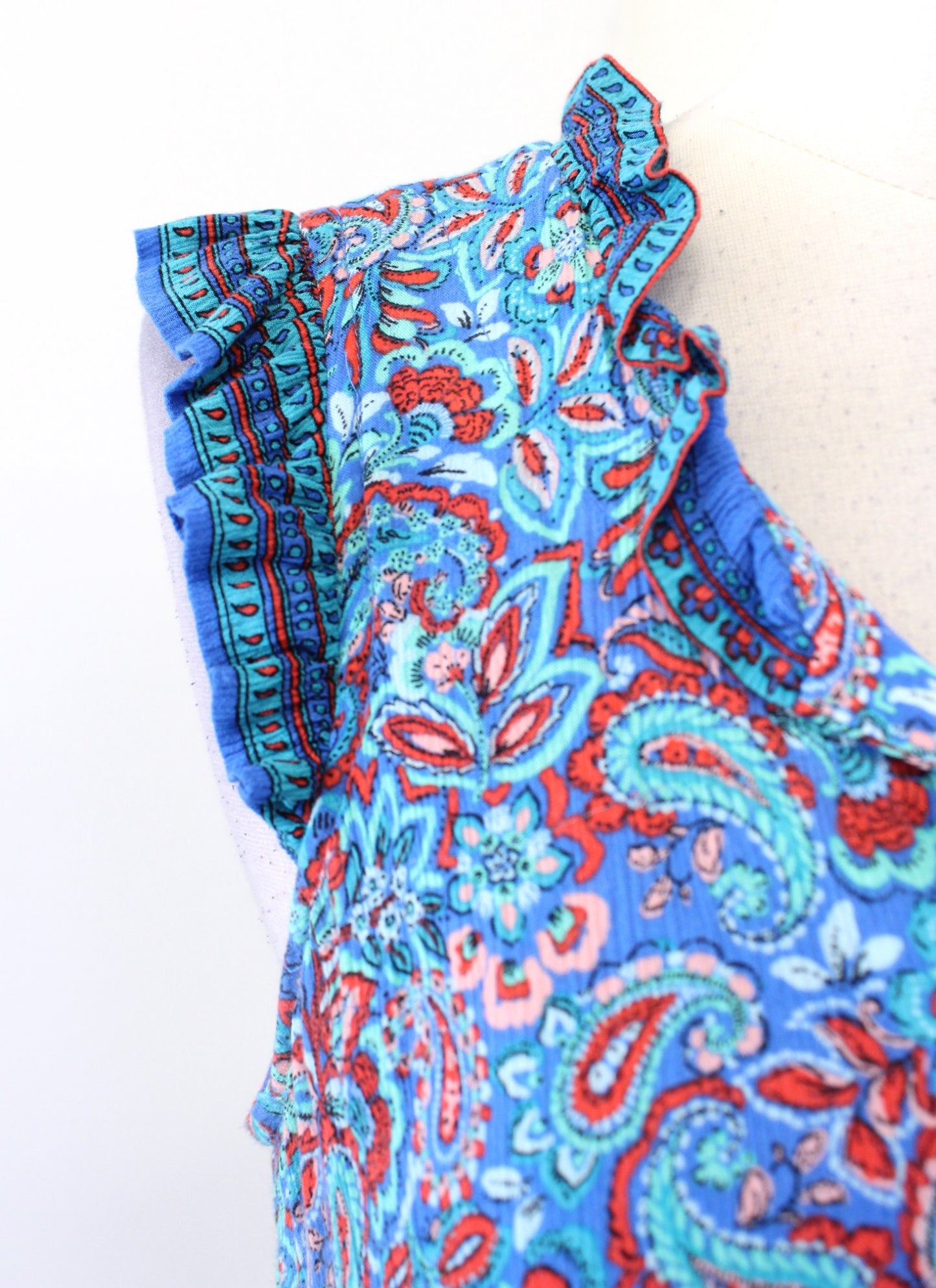 J Jill Coastal Ruffles Blue Paisley Print Tiered Midi Maxi Dress Size PS SP Red
