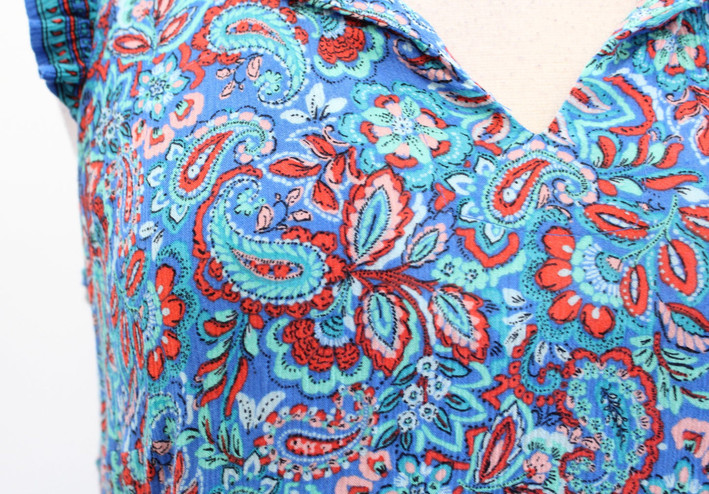 J Jill Coastal Ruffles Blue Paisley Print Tiered Midi Maxi Dress Size PS SP Red