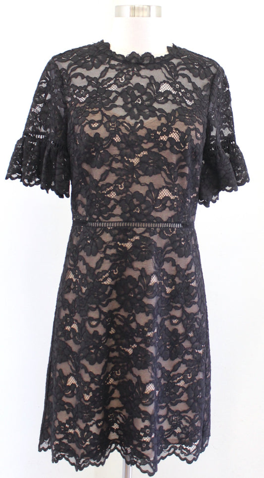 Rebecca Taylor Black Scalloped Lace Illusion Flare Sleeve Dress Size 6 Cocktail