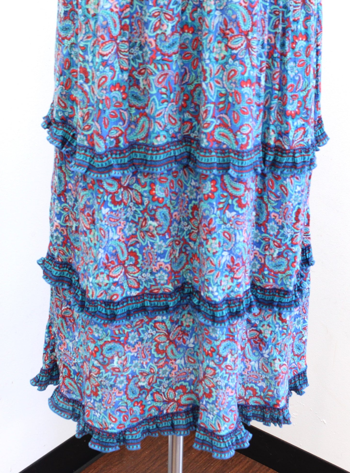 J Jill Coastal Ruffles Blue Paisley Print Tiered Midi Maxi Dress Size PS SP Red