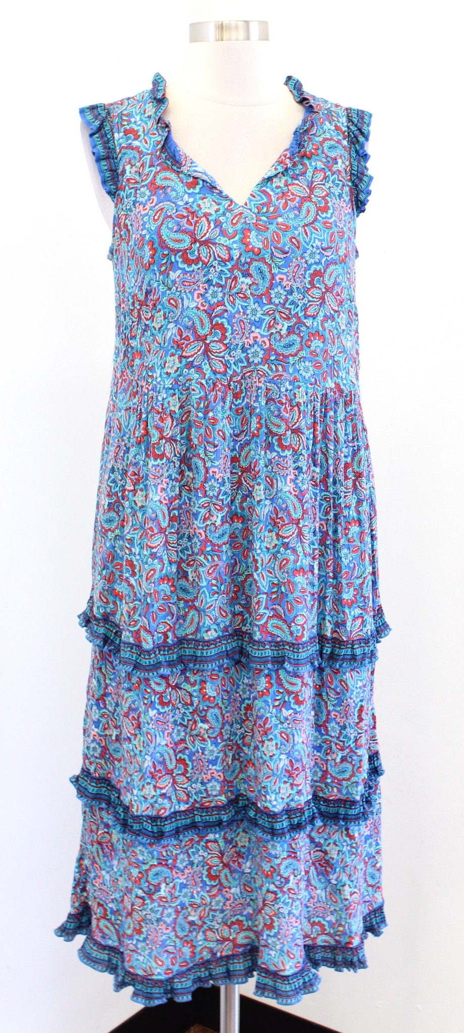 J Jill Coastal Ruffles Blue Paisley Print Tiered Midi Maxi Dress Size PS SP Red