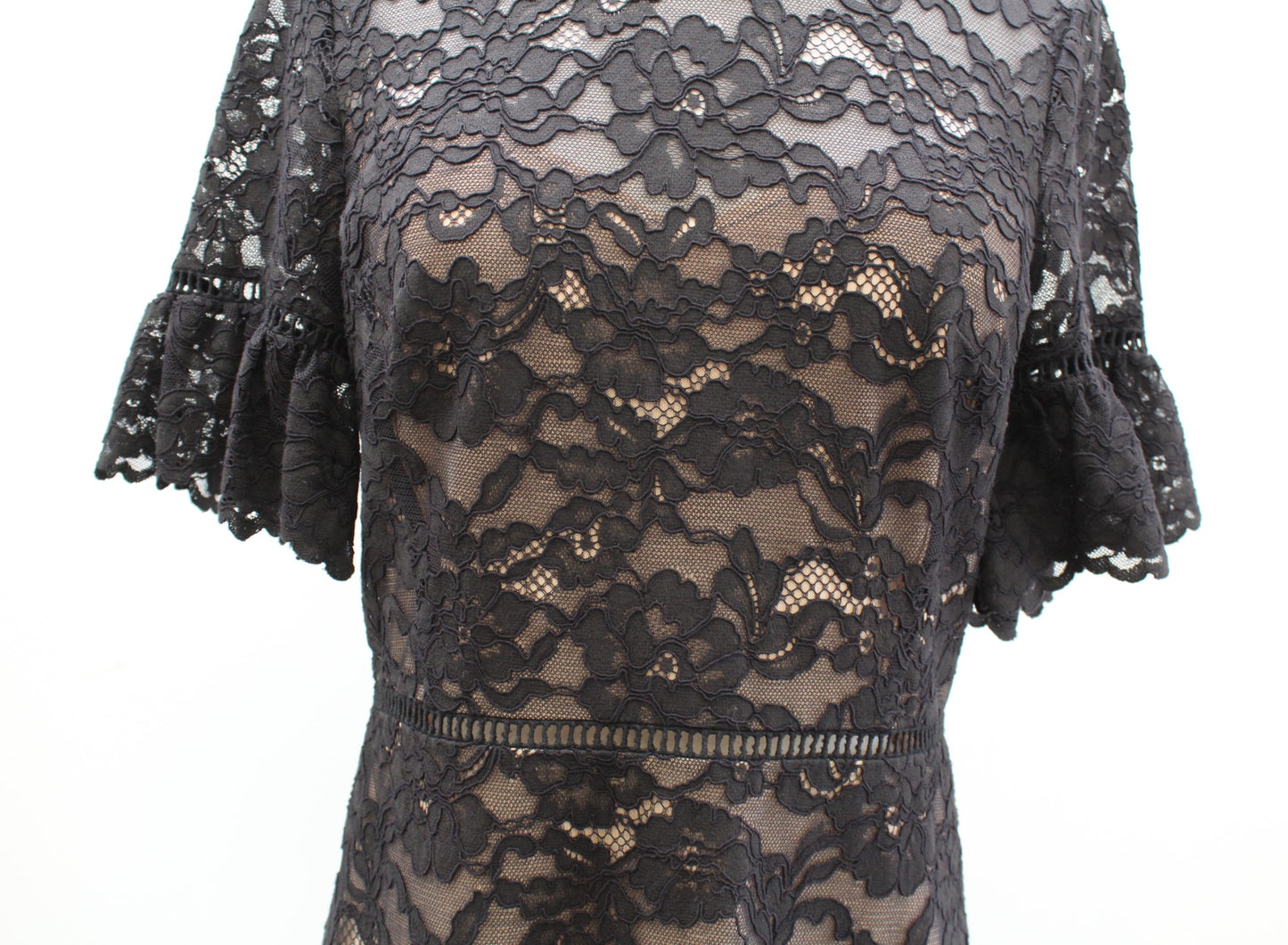 Rebecca Taylor Black Scalloped Lace Illusion Flare Sleeve Dress Size 6 Cocktail