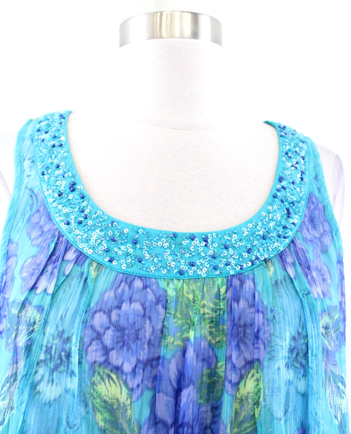 Soft Surroundings Blue Green Floral Color Block Print Sequin Shift Swing Dress S