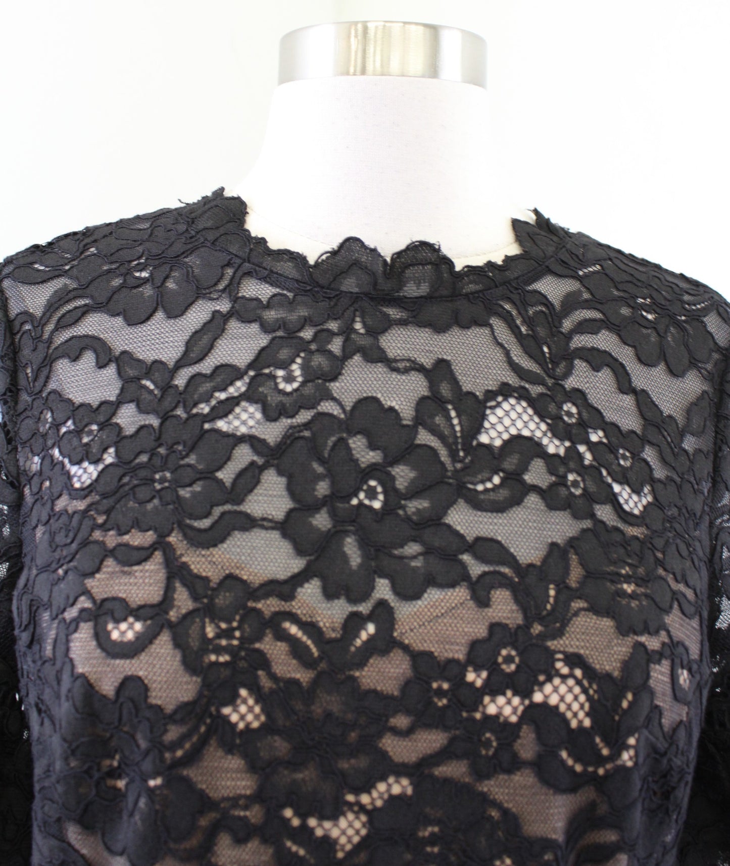 Rebecca Taylor Black Scalloped Lace Illusion Flare Sleeve Dress Size 6 Cocktail