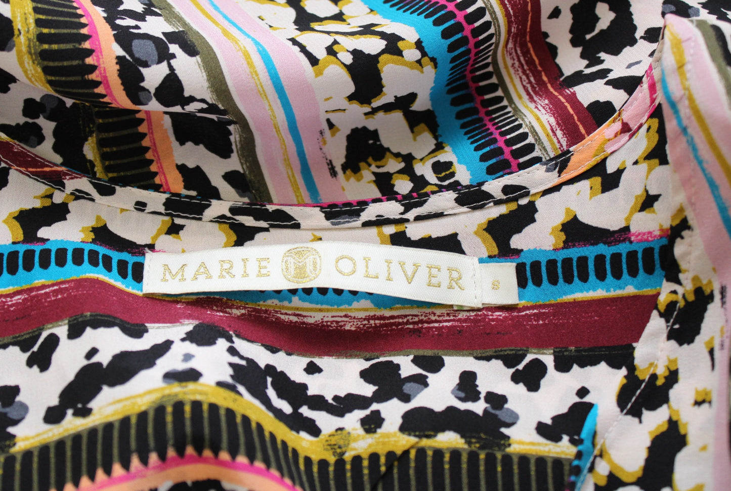 Marie Oliver Colorful Mixed Striped Animal Print Silk Peasant Top Blouse Size S