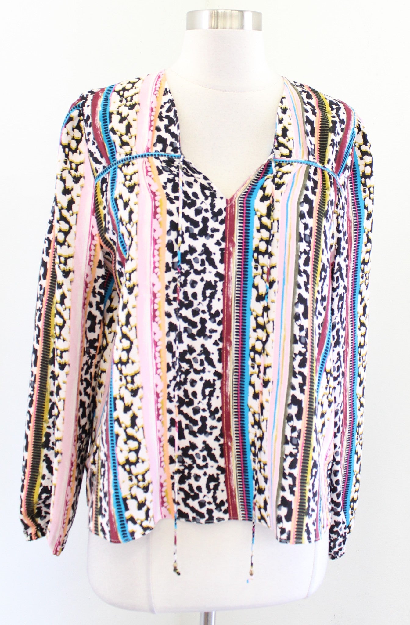Marie Oliver Colorful Mixed Striped Animal Print Silk Peasant Top Blouse Size S