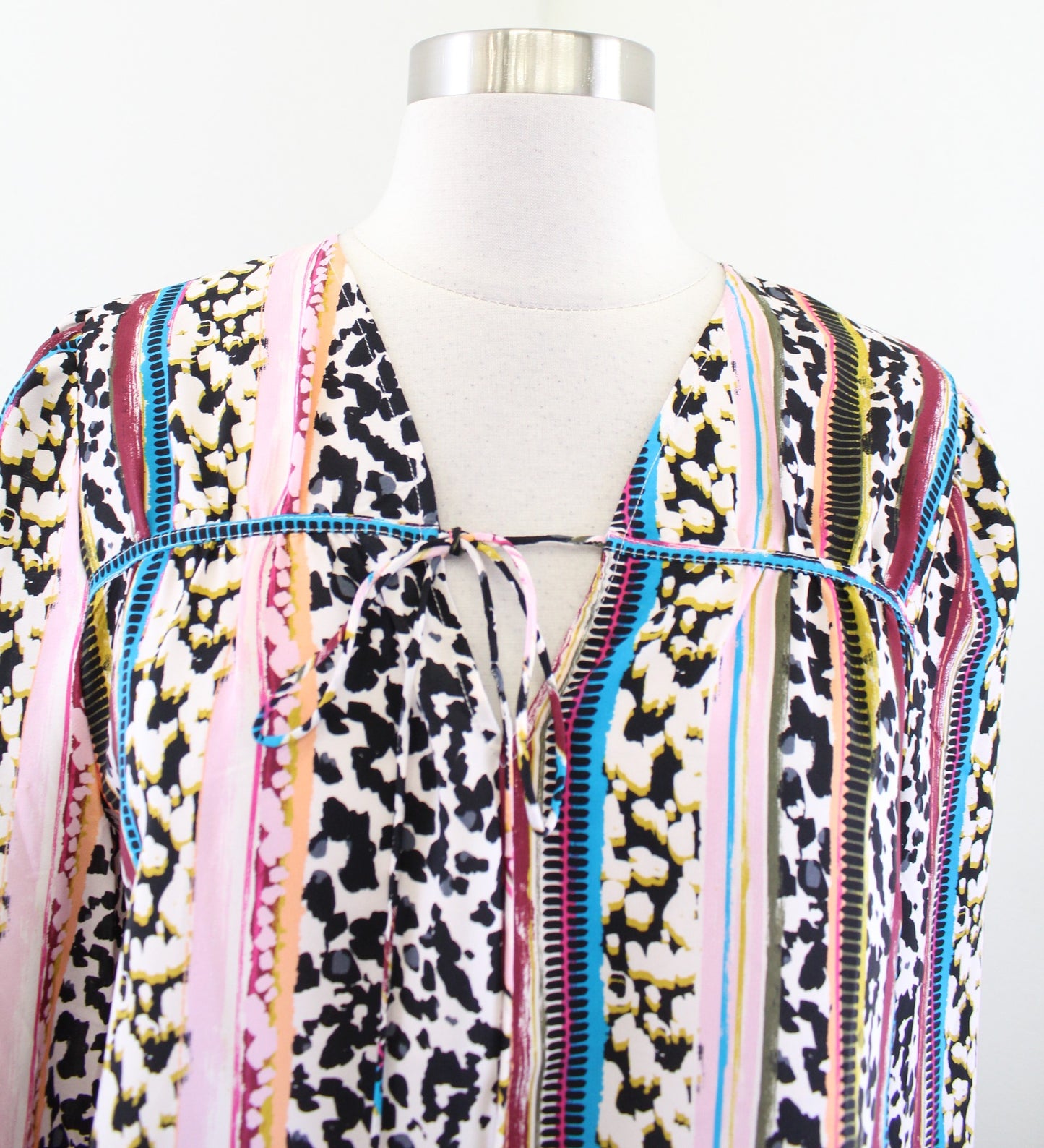 Marie Oliver Colorful Mixed Striped Animal Print Silk Peasant Top Blouse Size S