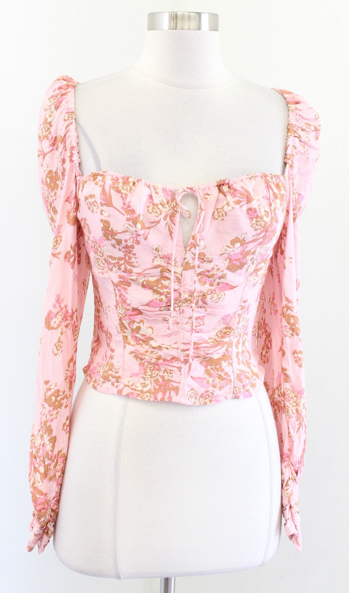 NWT Free People Hilary Pink Floral Print Ruched Top Blouse Size S Cropped