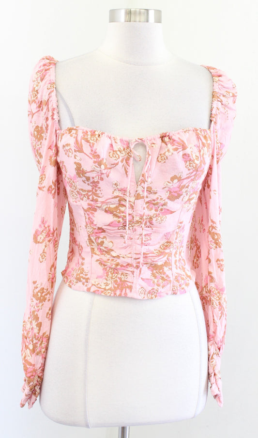 NWT Free People Hilary Pink Floral Print Ruched Top Blouse Size S Cropped