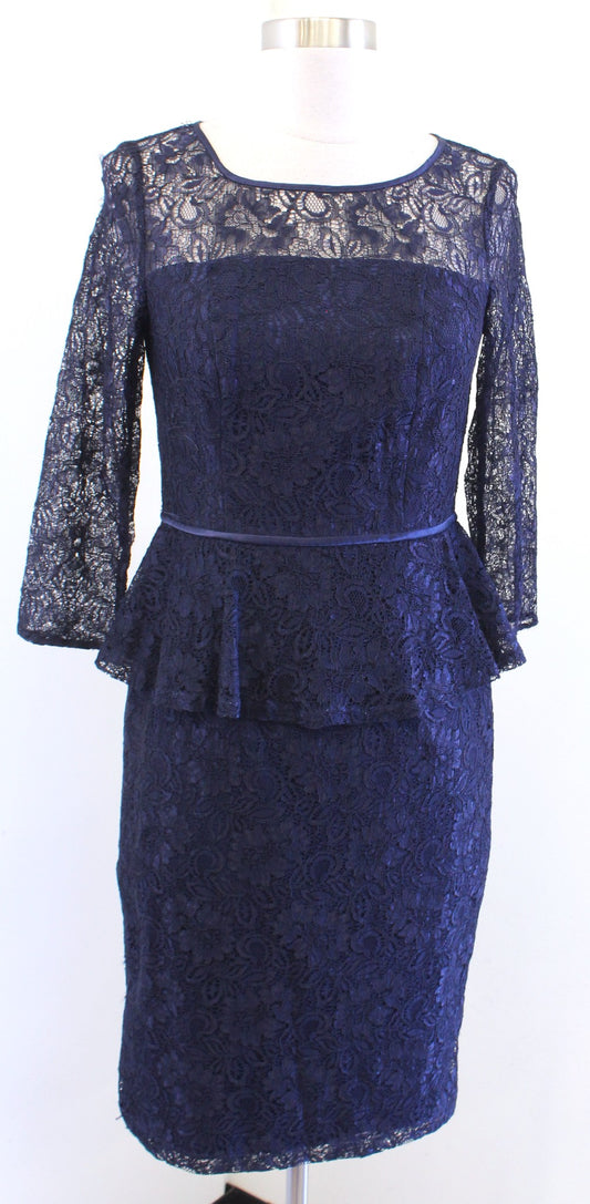 Adrianna Papell Womens Navy Blue Lace Peplum Sheath Dress Size 2 Cocktail Party