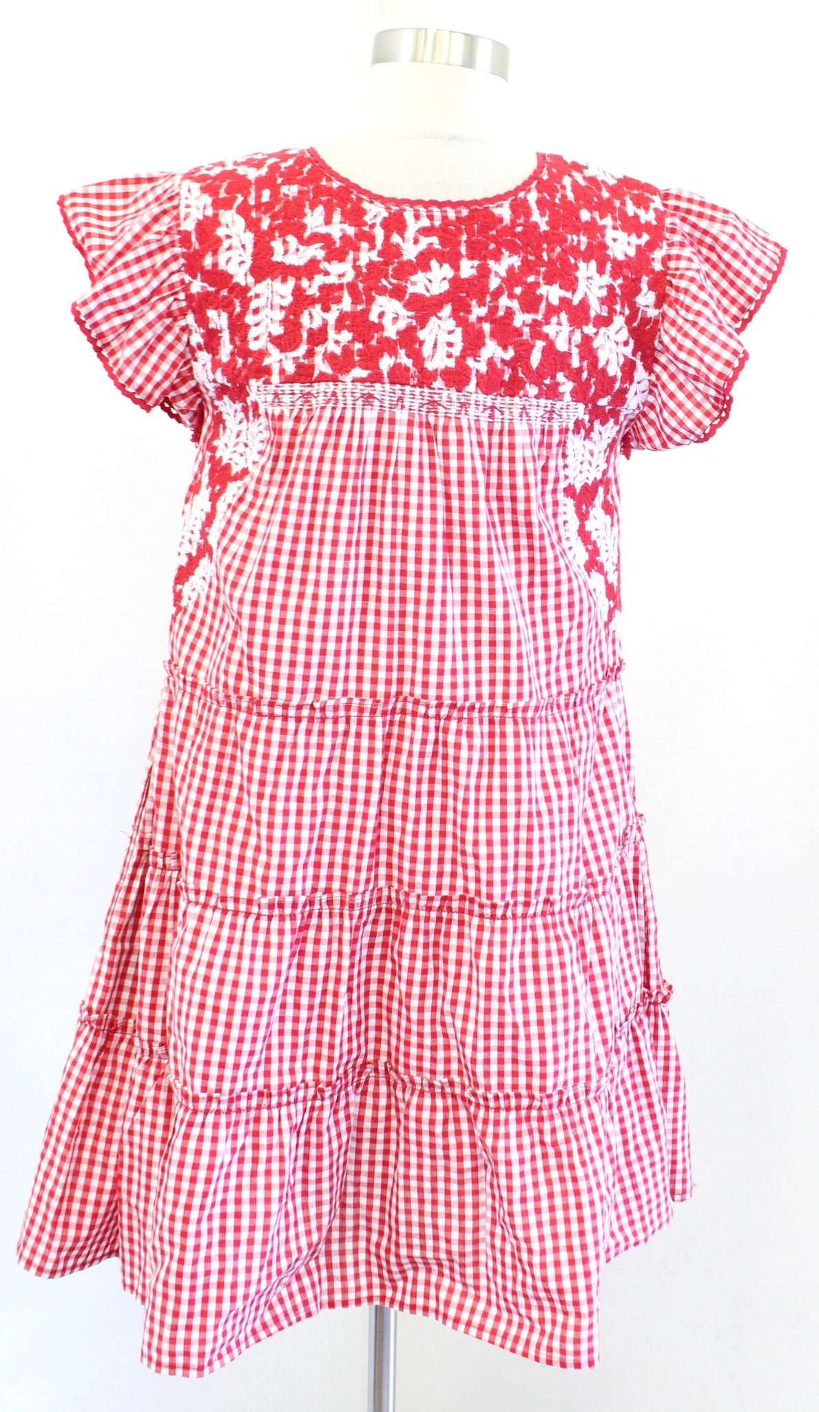 J Maire Red White Gingham Plaid Embroidered Ruffle Sleeve A Line Swing Dress XS