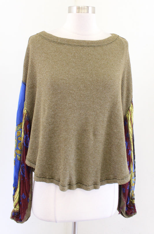 Free People Olive Green Patchwork Balloon Sleeve Blossom Thermal Top Blouse XS