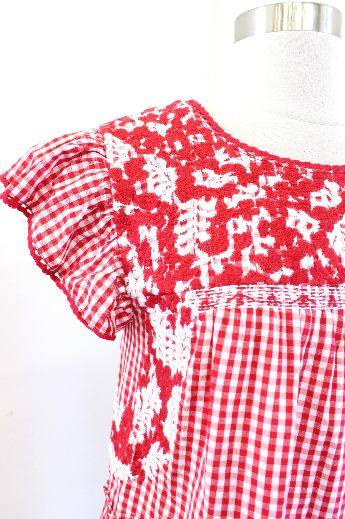 J Maire Red White Gingham Plaid Embroidered Ruffle Sleeve A Line Swing Dress XS