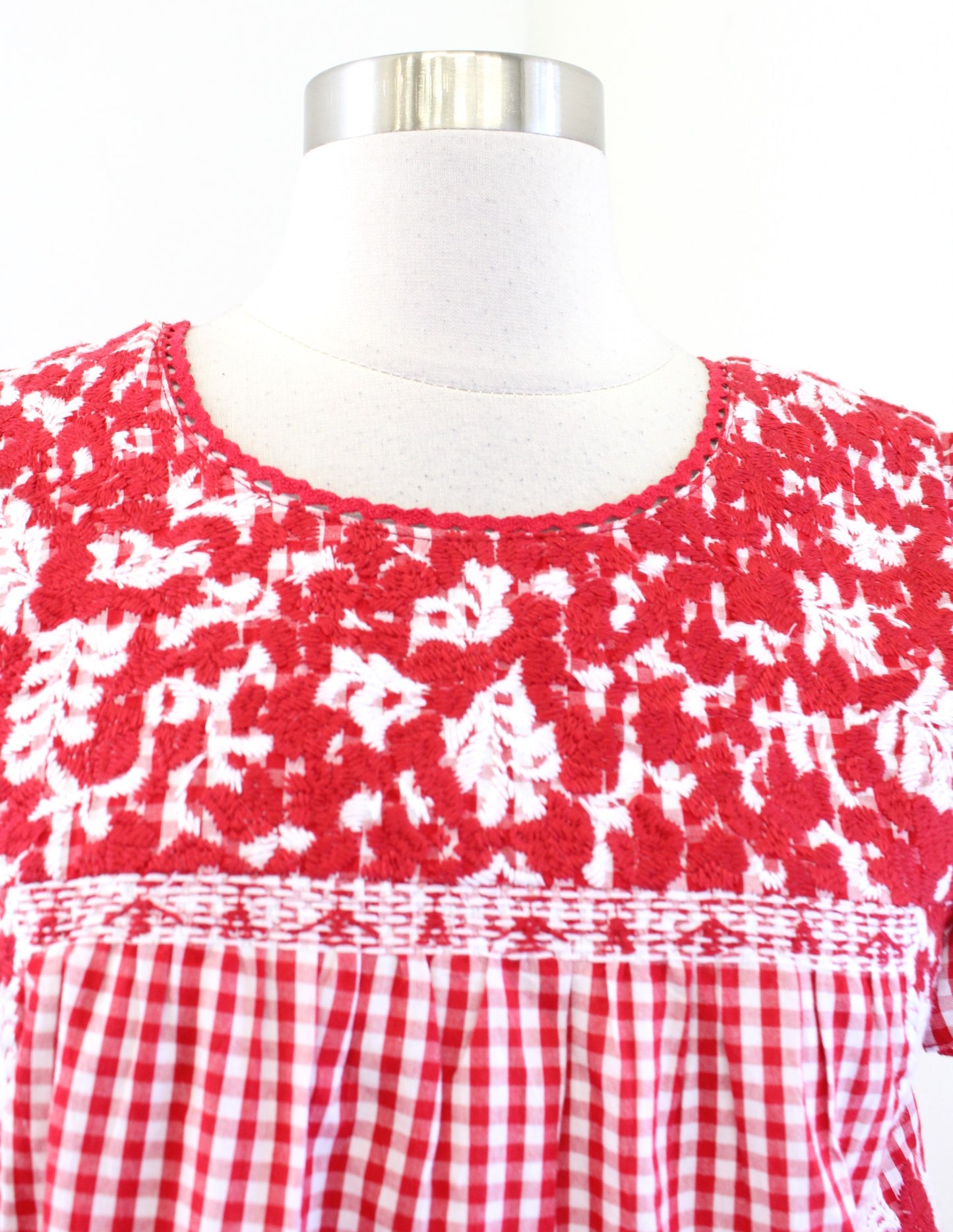 J Maire Red White Gingham Plaid Embroidered Ruffle Sleeve A Line Swing Dress XS