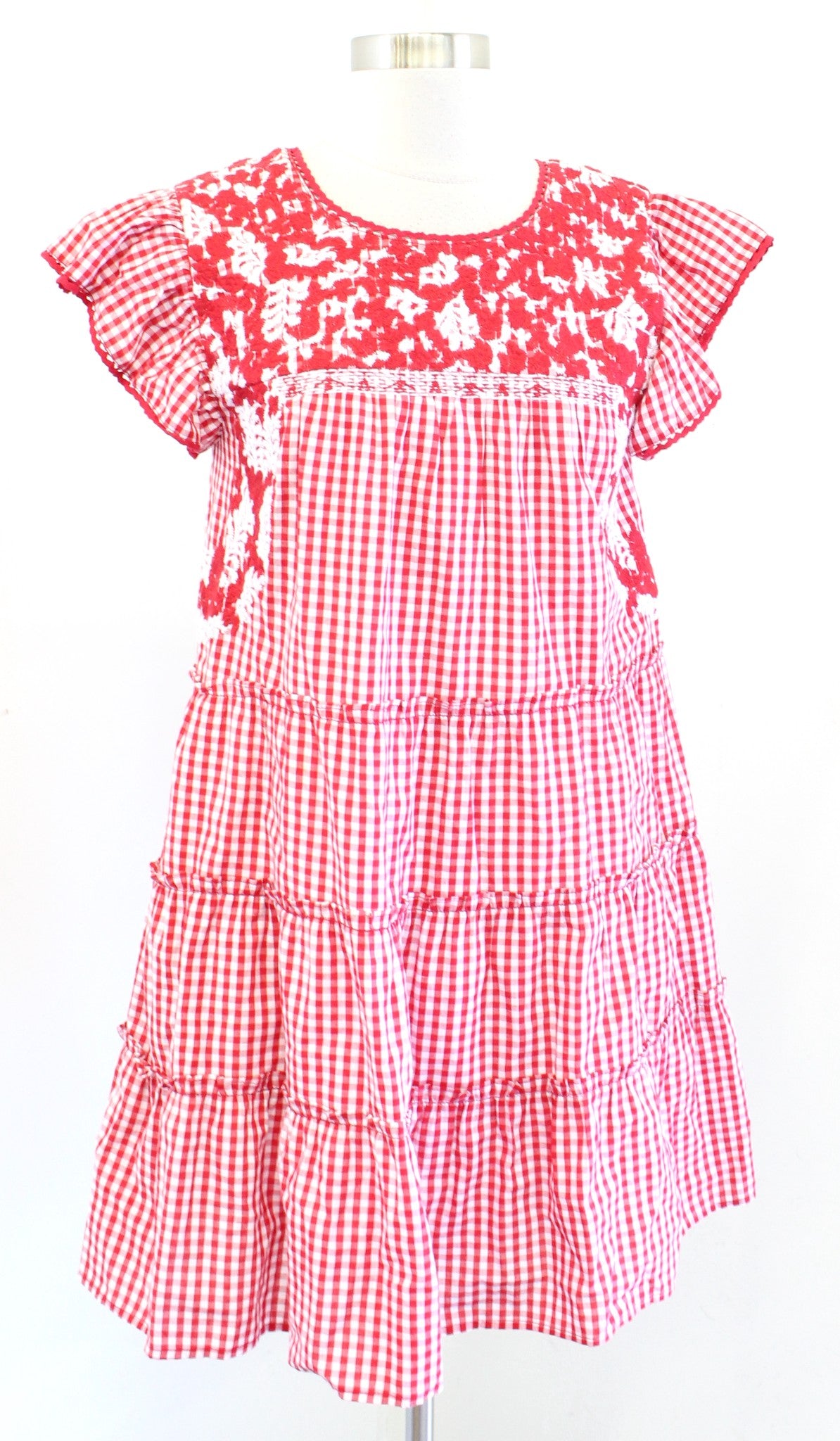 J Maire Red White Gingham Plaid Embroidered Ruffle Sleeve A Line Swing Dress XS