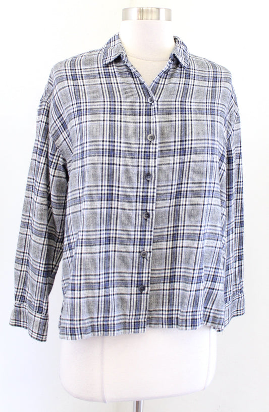 Madewell Flannel Westlake Dublin Plaid Button Front Shirt Sz XS Black White Blue