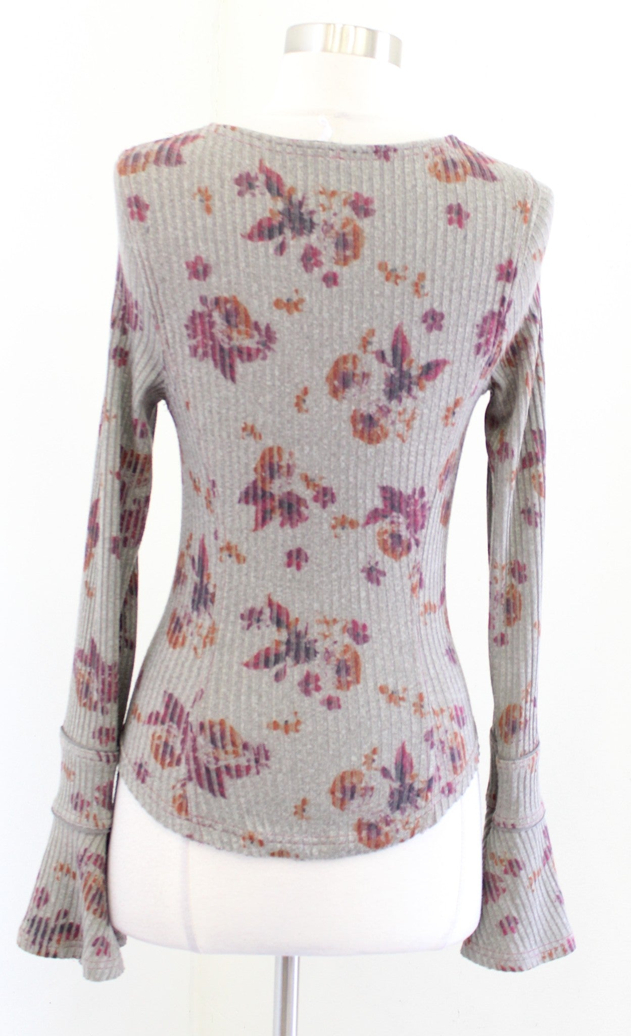 Free People Layer Me Gray Floral Ribbed Bell Sleeve Henley Top Blouse Size XS