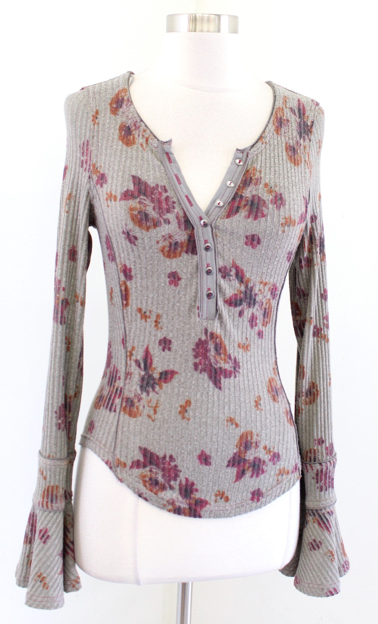 Free People Layer Me Gray Floral Ribbed Bell Sleeve Henley Top Blouse Size XS