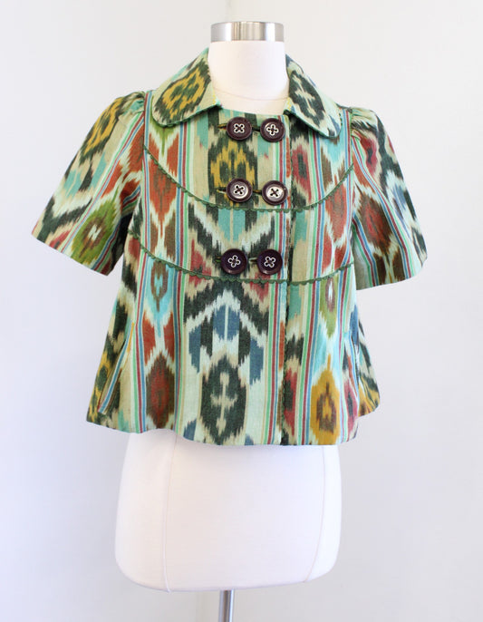 Taikonhu Anthropologie Debonaire Green Ikat Print Cropped Jacket Sz 2 Geometric