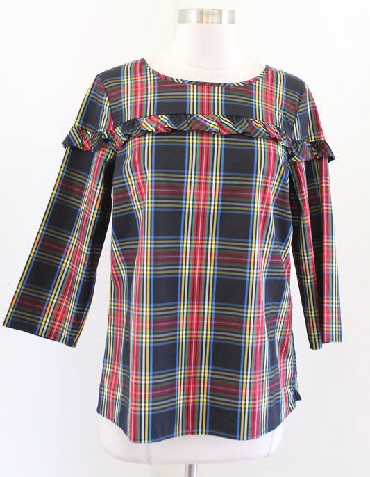 NWT Talbots Tartan Plaid Ruffle Trim 3/4 Sleeve Top Blouse Size PS SP Holiday