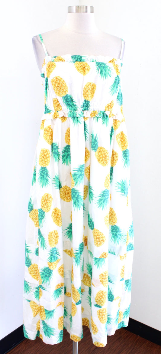J Crew Factory Pineapple Print Ruffle Square Neck Midi Maxi Dress Size 10 Casual