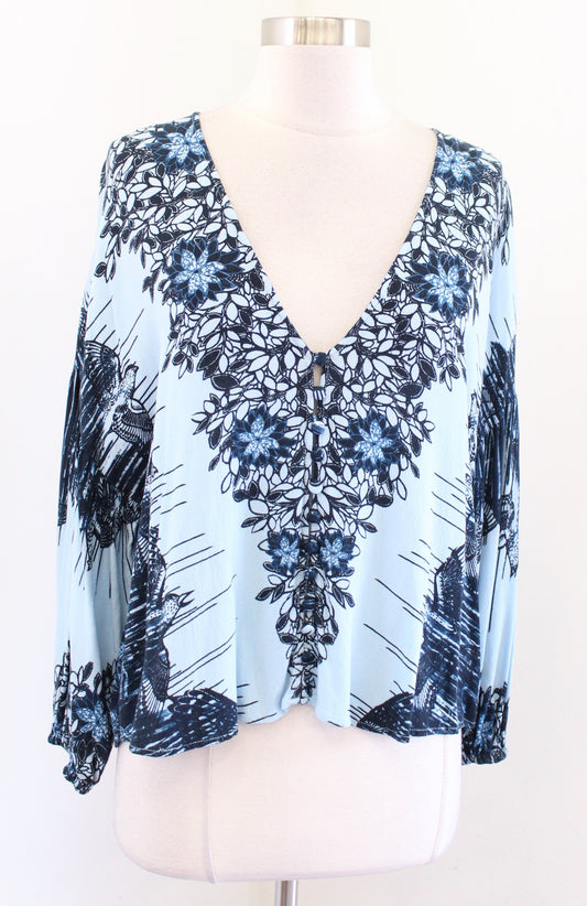 Free People Birds of a Feather Blue Floral V Neck Top Blouse Size XS Boho
