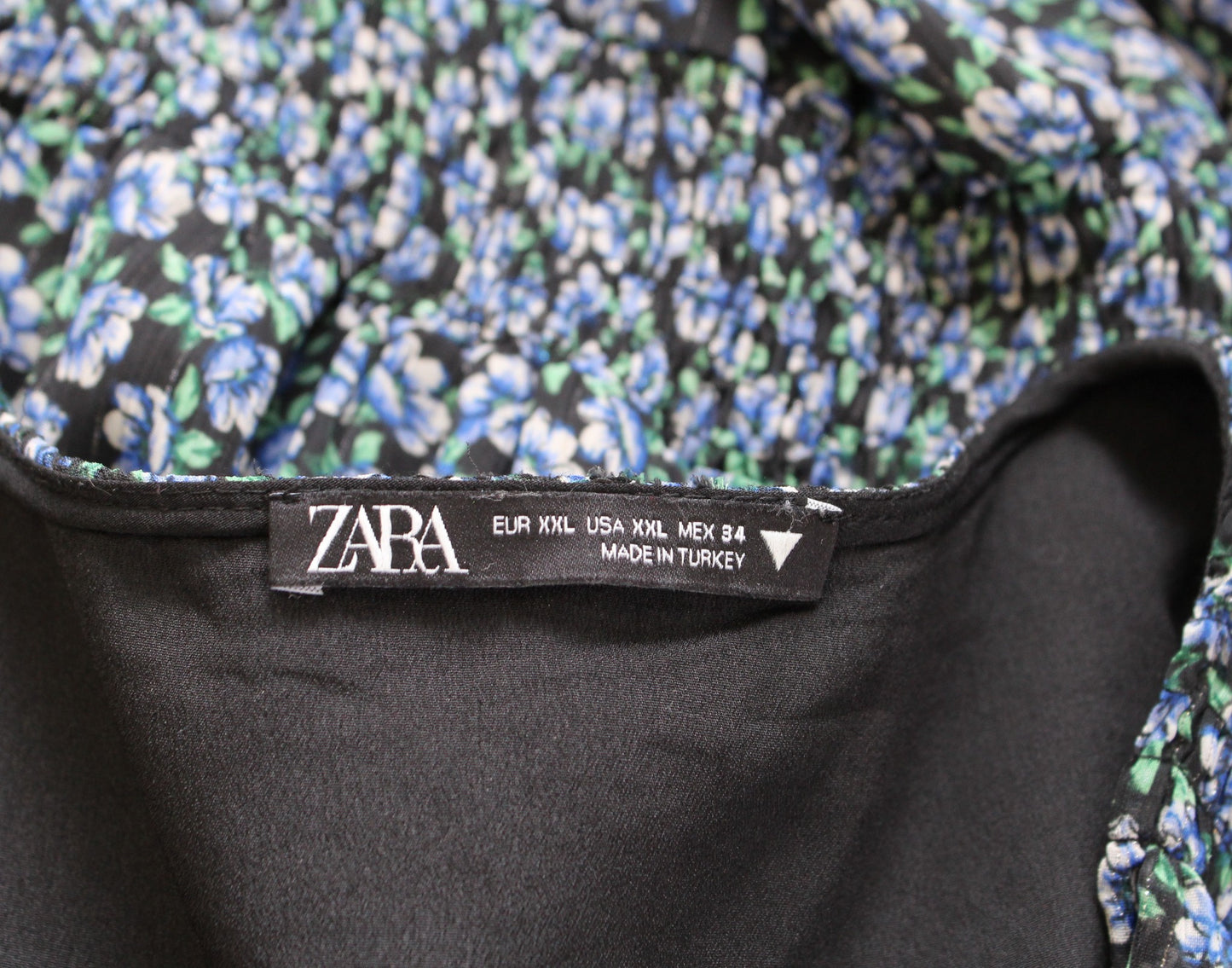 Zara Black Blue Green Floral V Neck Smocked Babydoll Mini Dress Size XXL Ruffle