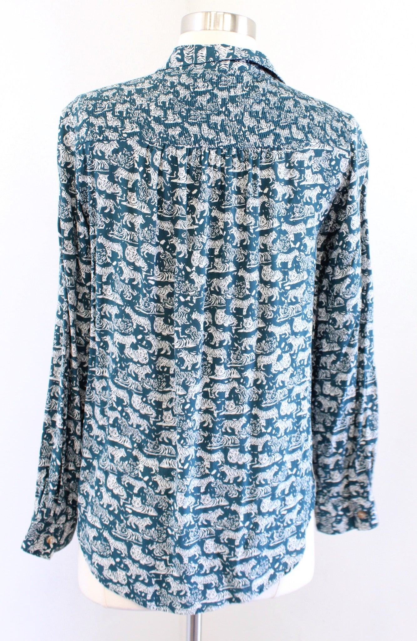 Maeve Anthropologie Emory Teal Tiger Print Button Front Blouse Top Size 2