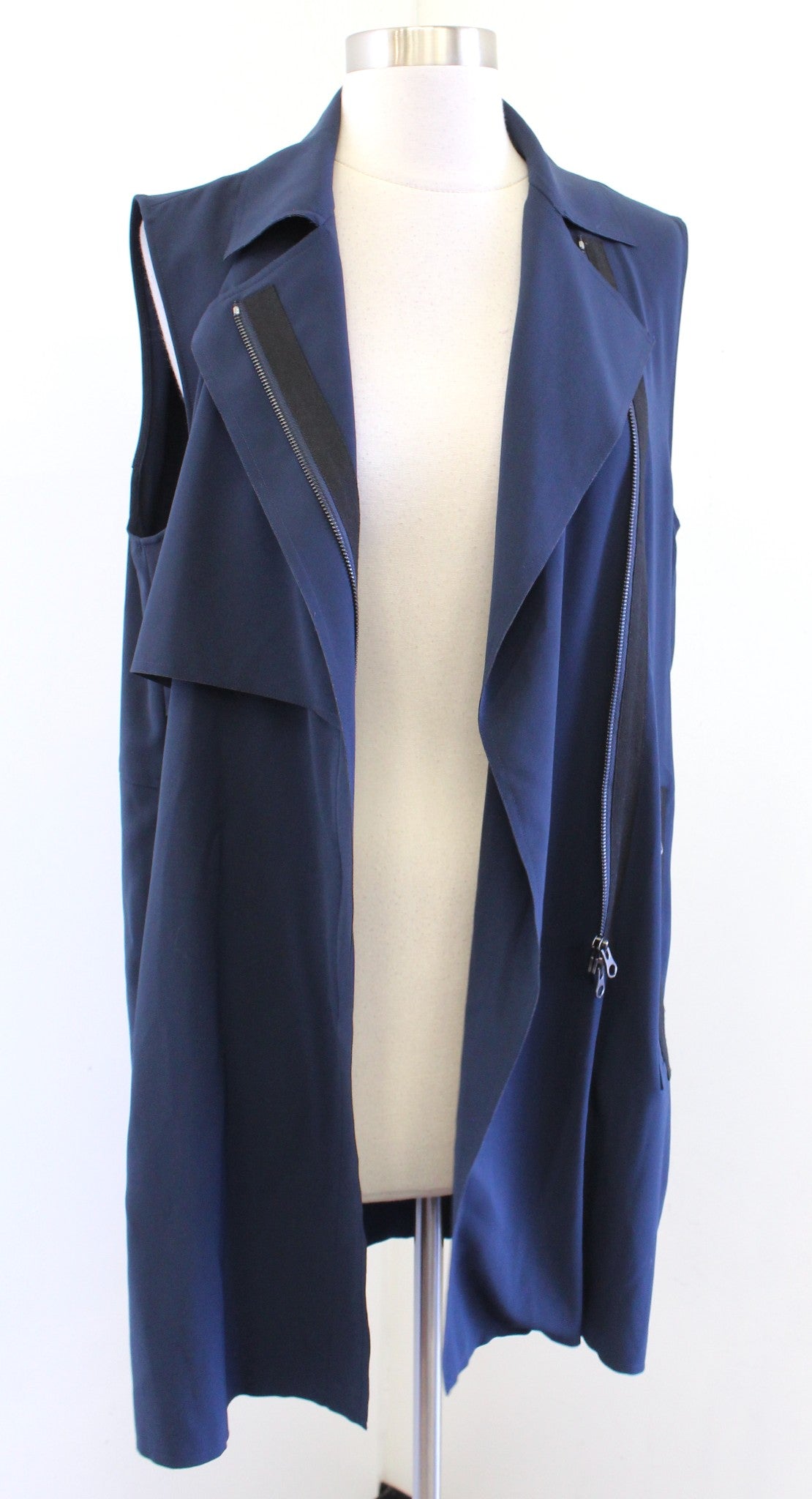 VINCE Navy Blue Laser Cut Trench Style Vest Jacket Zip Front Size S Sleeveless