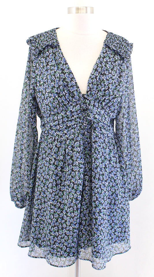 Zara Black Blue Green Floral V Neck Smocked Babydoll Mini Dress Size XXL Ruffle