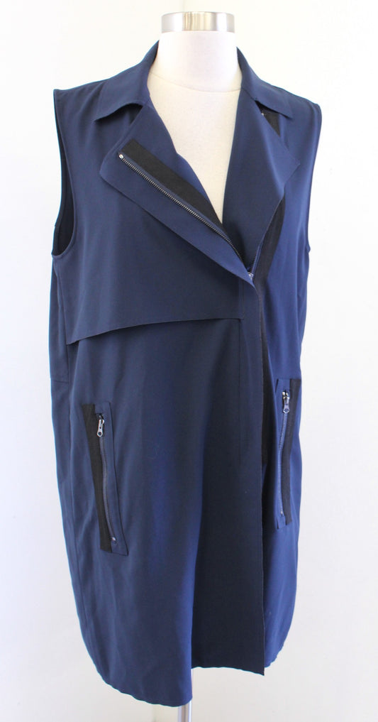 VINCE Navy Blue Laser Cut Trench Style Vest Jacket Zip Front Size S Sleeveless
