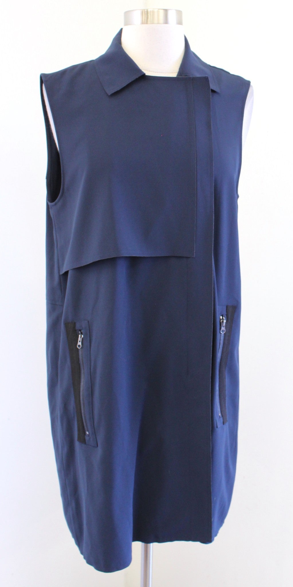 VINCE Navy Blue Laser Cut Trench Style Vest Jacket Zip Front Size S Sleeveless