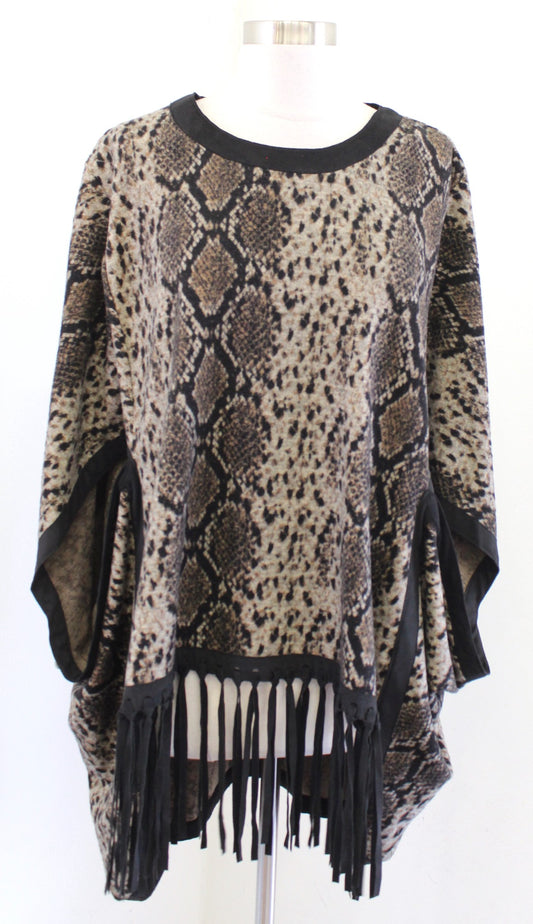 Tyler Boe Brown Black Snakeskin Print Tassel Fringe Poncho Sweater Size M / L