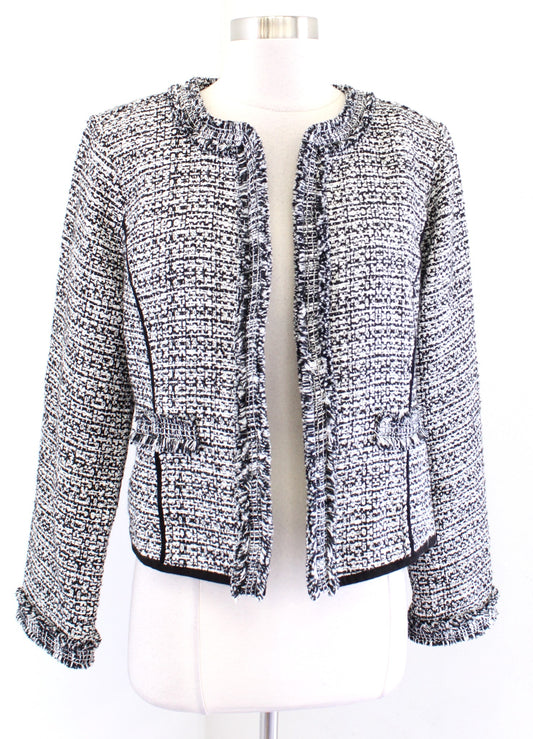 White House Black Market Metallic Tweed Knit Fringe Open Blazer Jacket Sz PL LP