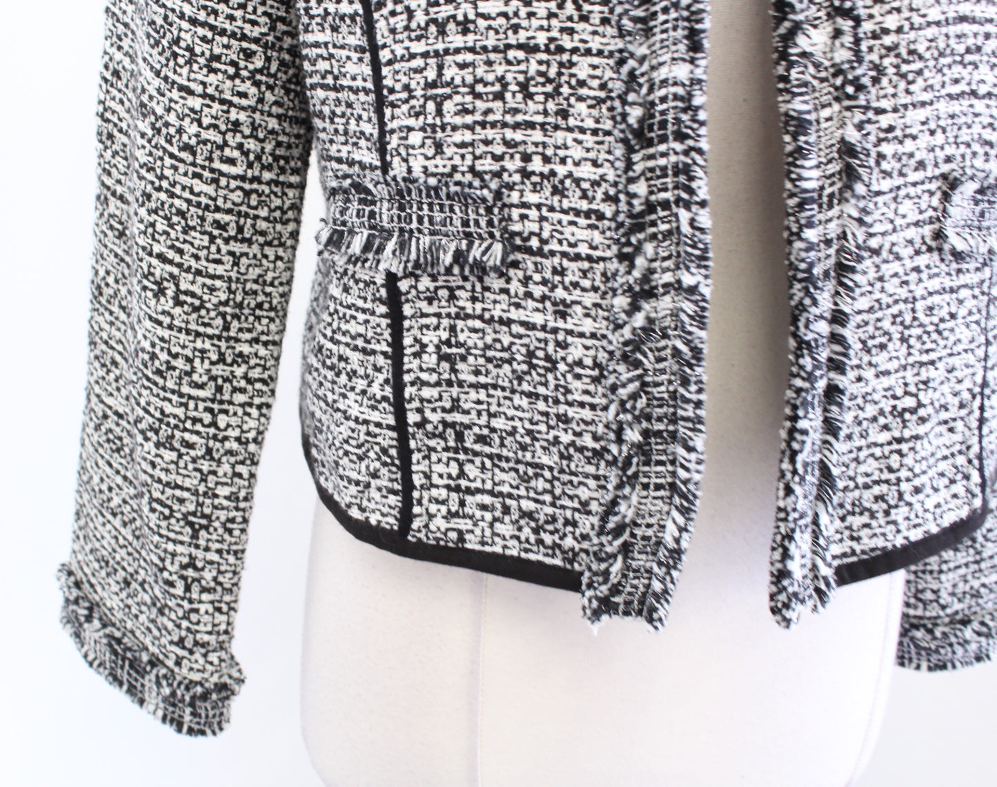 White House Black Market Metallic Tweed Knit Fringe Open Blazer Jacket Sz PL LP