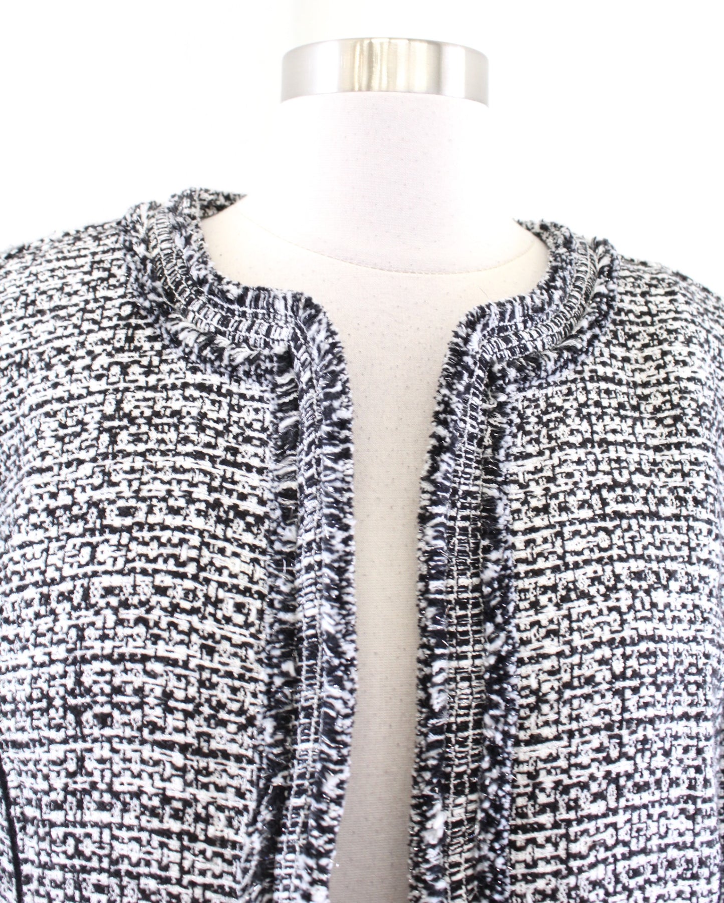 White House Black Market Metallic Tweed Knit Fringe Open Blazer Jacket Sz PL LP