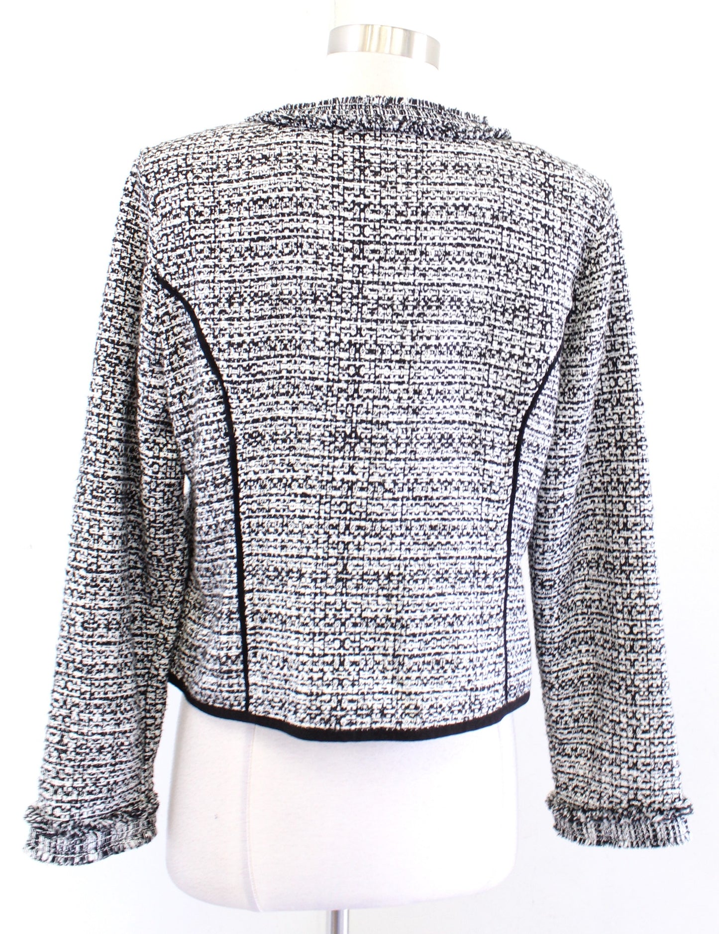 White House Black Market Metallic Tweed Knit Fringe Open Blazer Jacket Sz PL LP