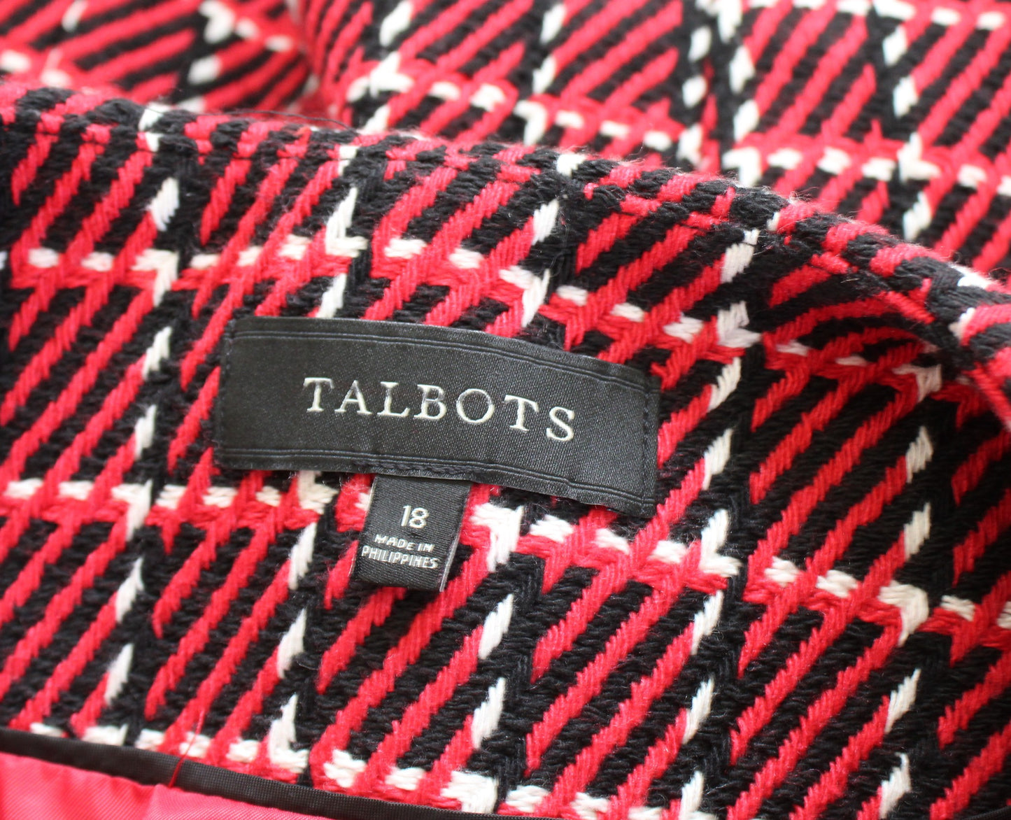 Talbots Womens Red Black White Plaid Tweed Fringe Trim Blazer Jacket Size 18