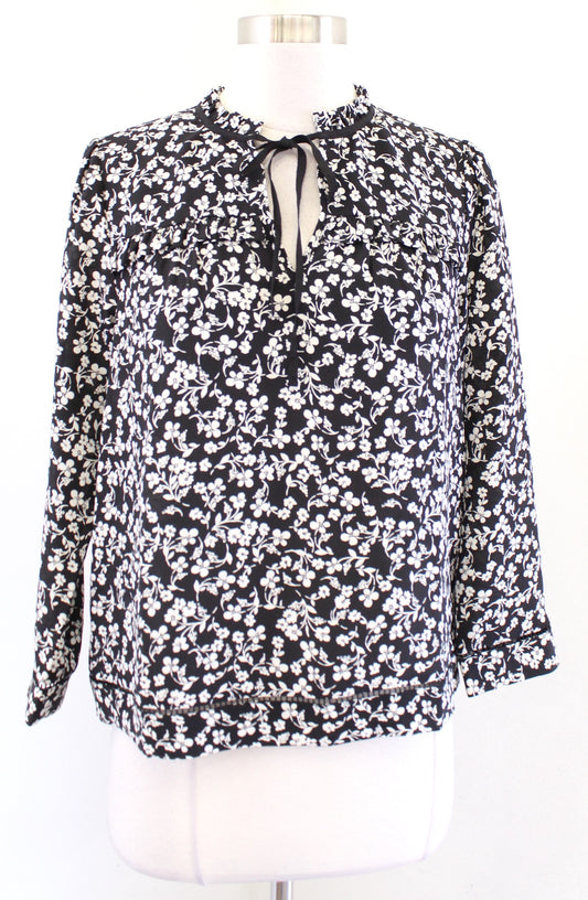 J Crew Point Sur Black White Blossom Floral Tie Neck Silk Blouse Top Size XS