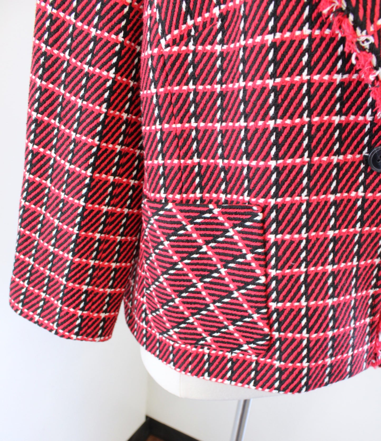 Talbots Womens Red Black White Plaid Tweed Fringe Trim Blazer Jacket Size 18