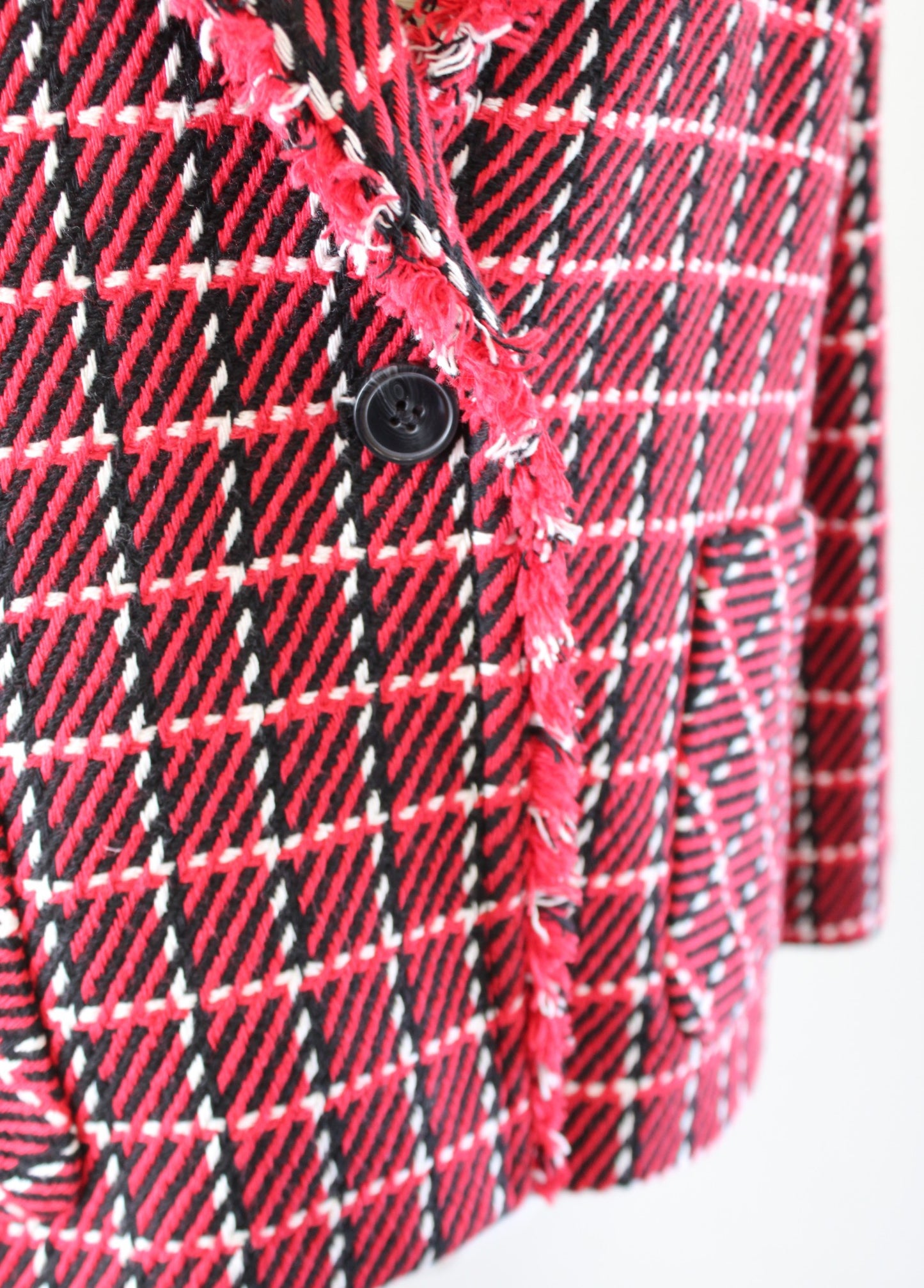 Talbots Womens Red Black White Plaid Tweed Fringe Trim Blazer Jacket Size 18