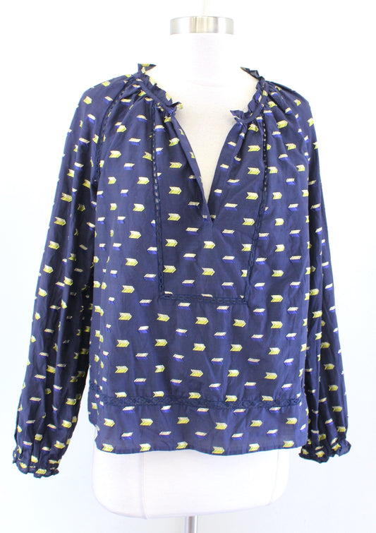 Point Sur J Crew Navy Blue Metallic Arrow Clip Dot Popover Top Blouse Size S