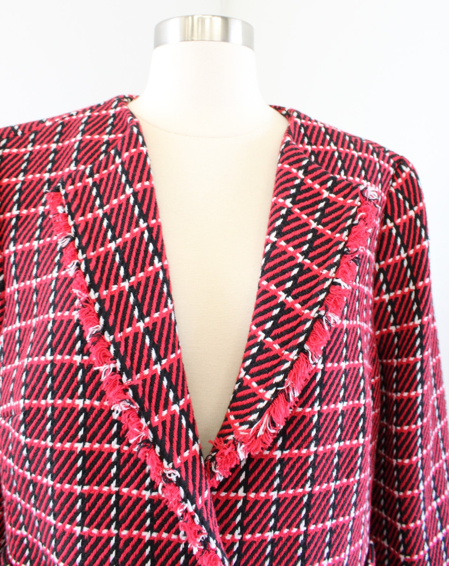 Talbots Womens Red Black White Plaid Tweed Fringe Trim Blazer Jacket Size 18