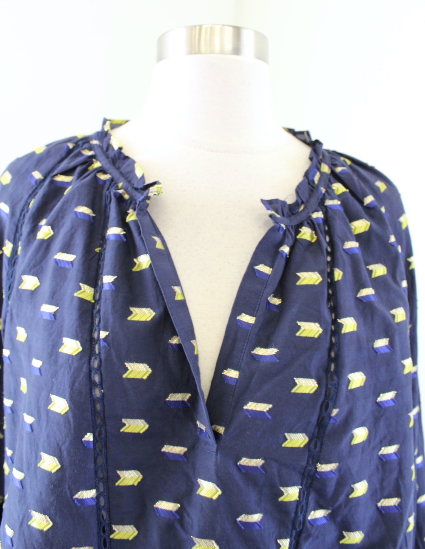 Point Sur J Crew Navy Blue Metallic Arrow Clip Dot Popover Top Blouse Size S