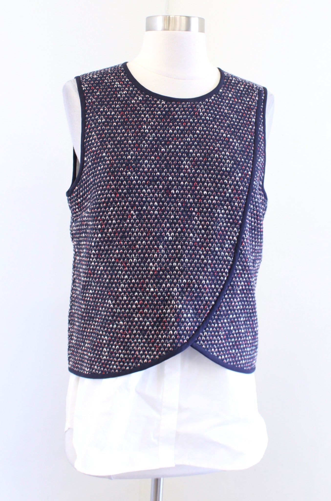 Derek Lam 10 Crosby Navy Blue Tweed Mixed Media Layered Combo Top Blouse Size 10 Sleeveless