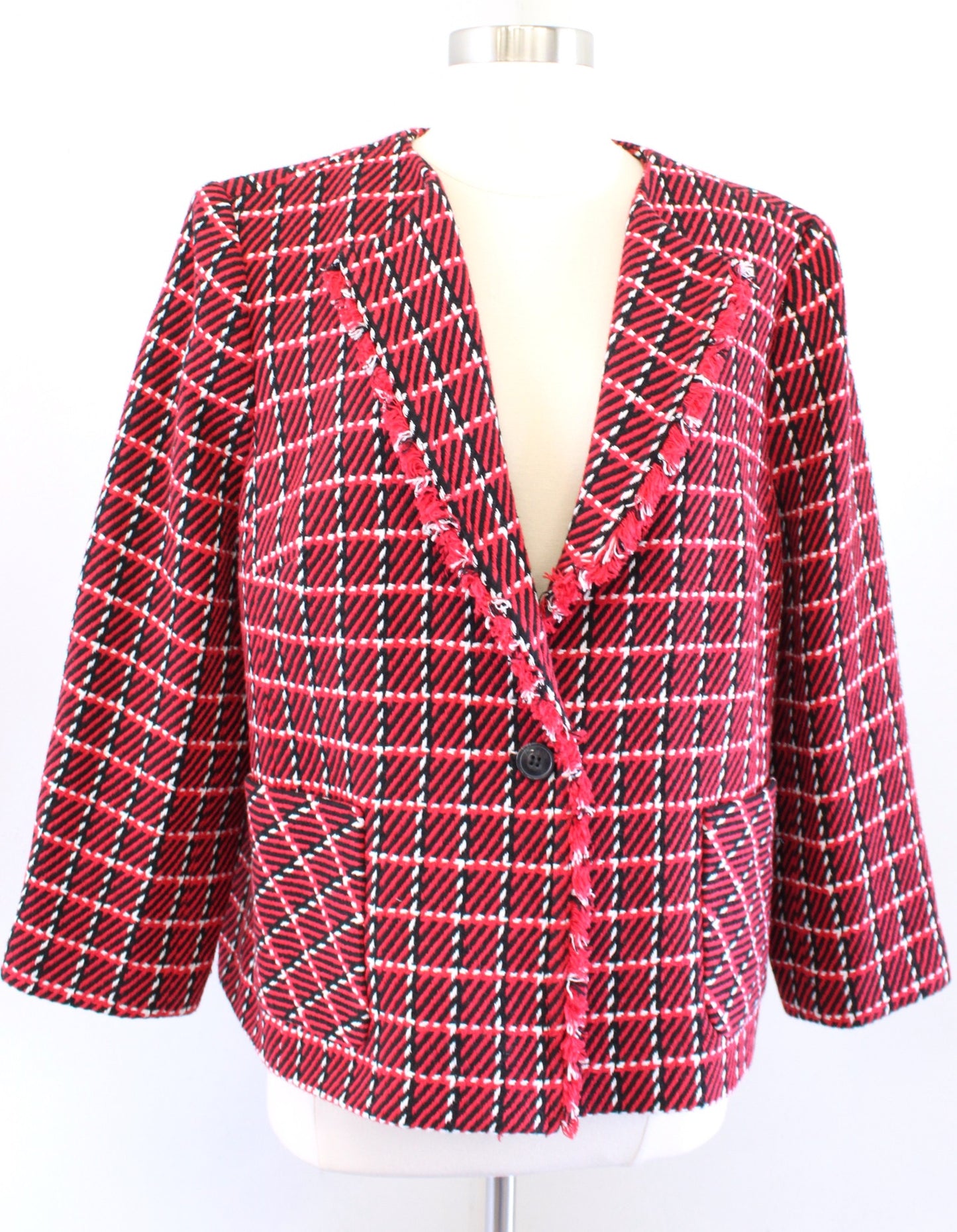 Talbots Womens Red Black White Plaid Tweed Fringe Trim Blazer Jacket Size 18